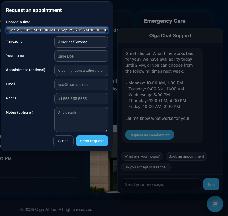Olga booking modal showing available appointment times