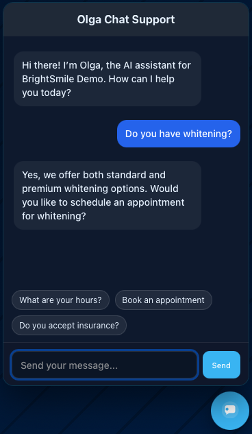 Olga widget answering a question with a contextual follow-up