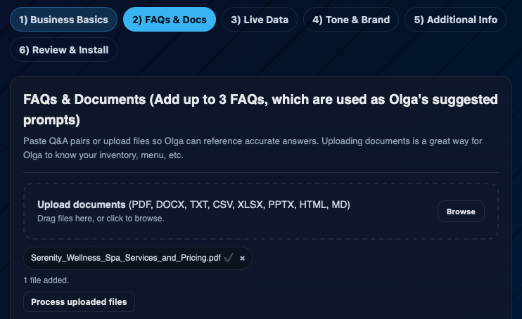 Olga dashboard showing knowledge and documents management