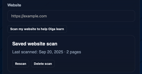 Olga website scan configuration and crawl results